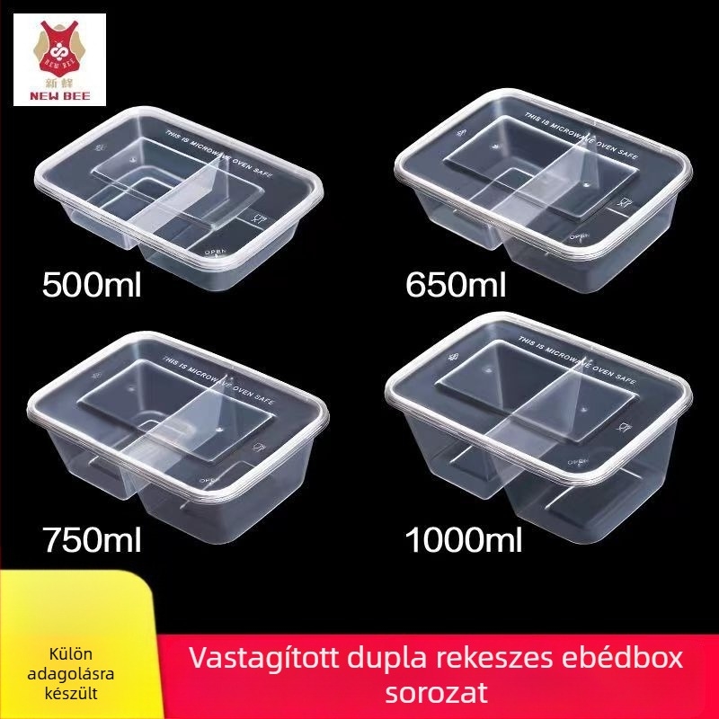 Eldobható kétrekeszes ebédes doboz, átlátszó műanyag, mikrohullámú sütőben használható