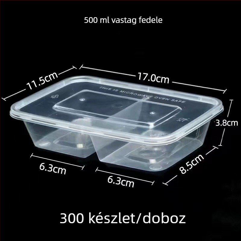 Eldobható kétrekeszes ebédes doboz, átlátszó műanyag, mikrohullámú sütőben használható