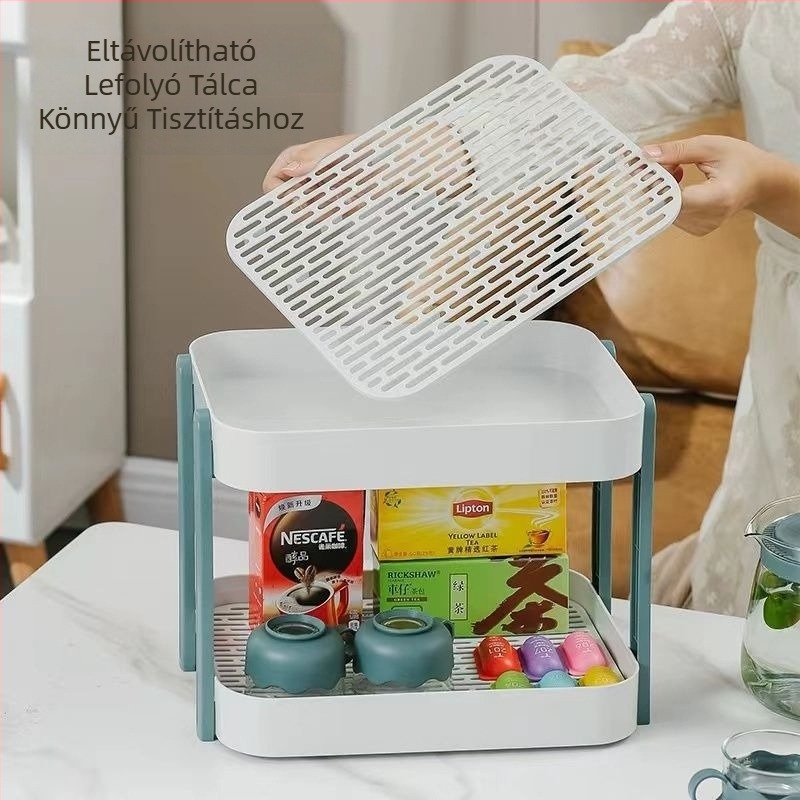 Kétszintes asztali pohártartó és teás tálca, hordozható műanyag tároló, konyha és nappali használatra