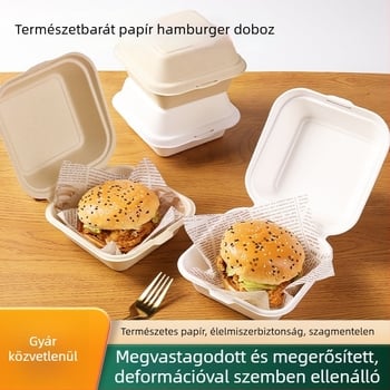 Egyszer használatos burger-doboz cellulóz alapanyagból, négyszögletes alak, 0,6 mm vastagság, 450 ml kapacitás, biológiailag lebomló