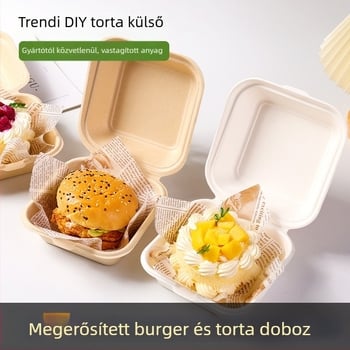 Egyszer használatos burger-doboz cellulóz alapanyagból, négyszögletes alak, 0,6 mm vastagság, 450 ml kapacitás, biológiailag lebomló