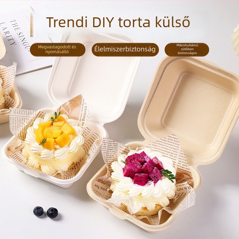 Egyszer használatos burger-doboz cellulóz alapanyagból, négyszögletes alak, 0,6 mm vastagság, 450 ml kapacitás, biológiailag lebomló