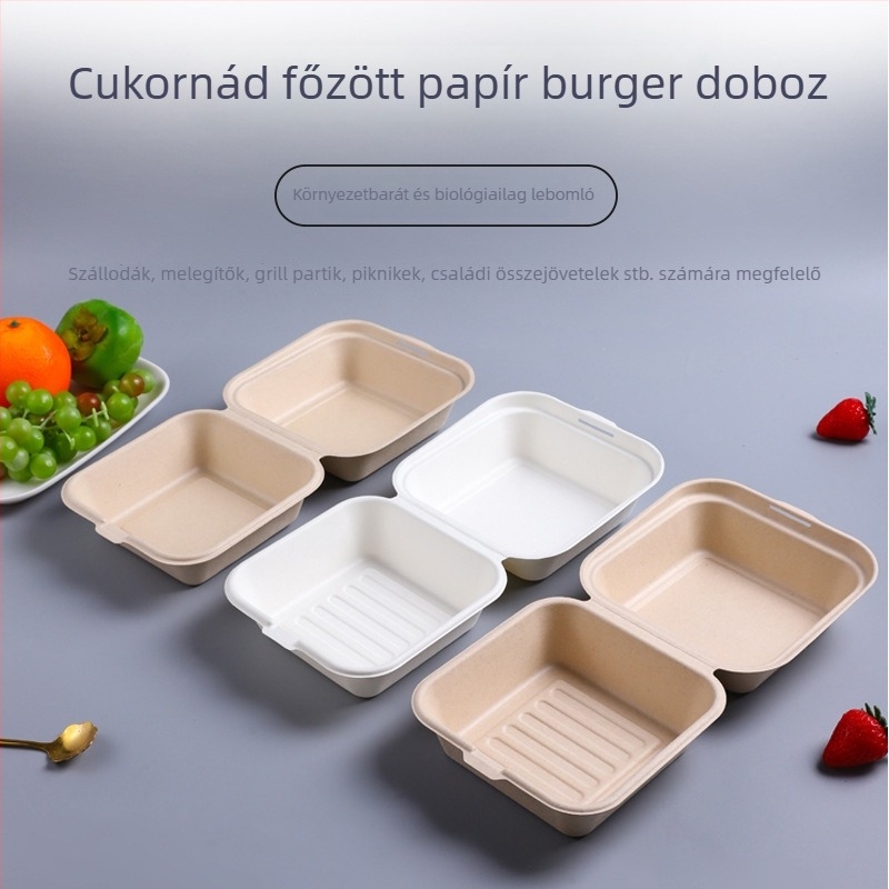 Egyszer használatos burger-doboz cellulóz alapanyagból, négyszögletes alak, 0,6 mm vastagság, 450 ml kapacitás, biológiailag lebomló