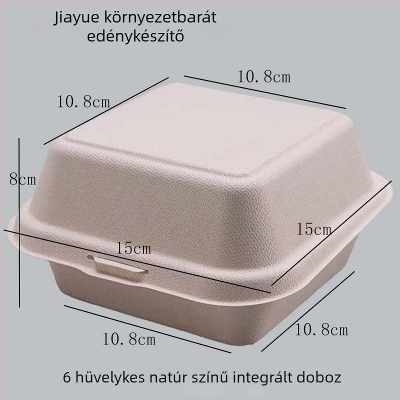 Egyszer használatos burger-doboz cellulóz alapanyagból, négyszögletes alak, 0,6 mm vastagság, 450 ml kapacitás, biológiailag lebomló
