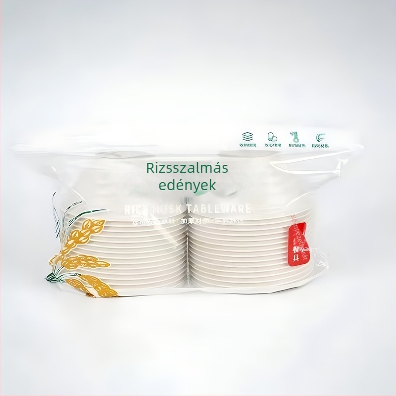 Egyszer használatos étkészlet rizshéjból 10 személyre, tartalmaz tálakat, evőpálcikákat, poharakat és kanalakat, biológiailag lebomló