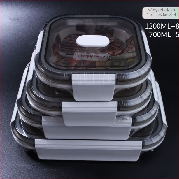 Összecsukható ebédes doboz szilikonból PCTG fedővel, négyzetes alakú, mikróban használható, modern minimalist stílus; kapacitások 301–500 ml, 501–800 ml vagy 800–1000 ml.