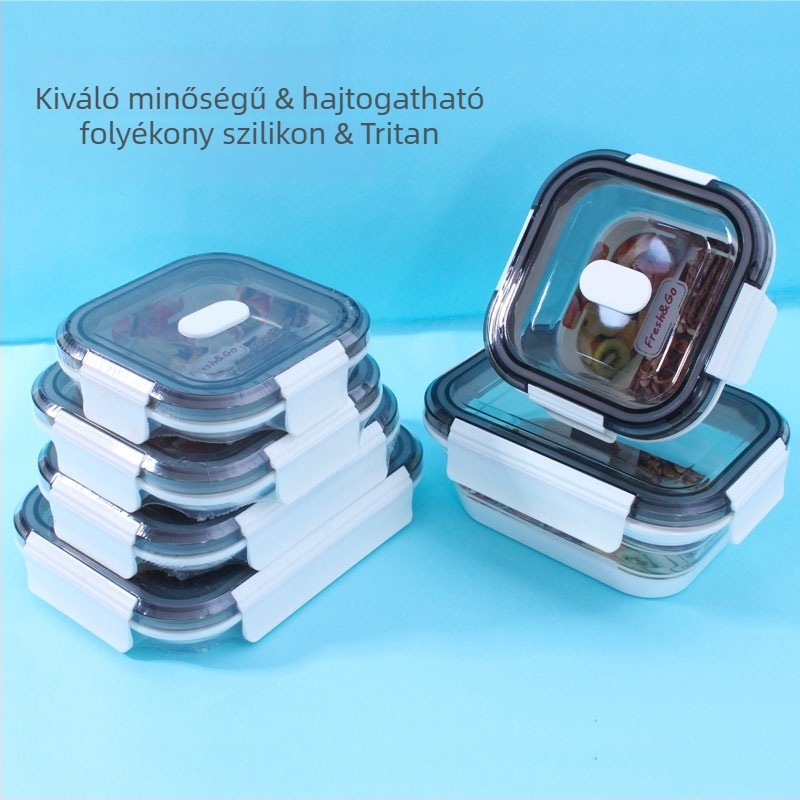 Összecsukható ebédes doboz szilikonból PCTG fedővel, négyzetes alakú, mikróban használható, modern minimalist stílus; kapacitások 301–500 ml, 501–800 ml vagy 800–1000 ml.