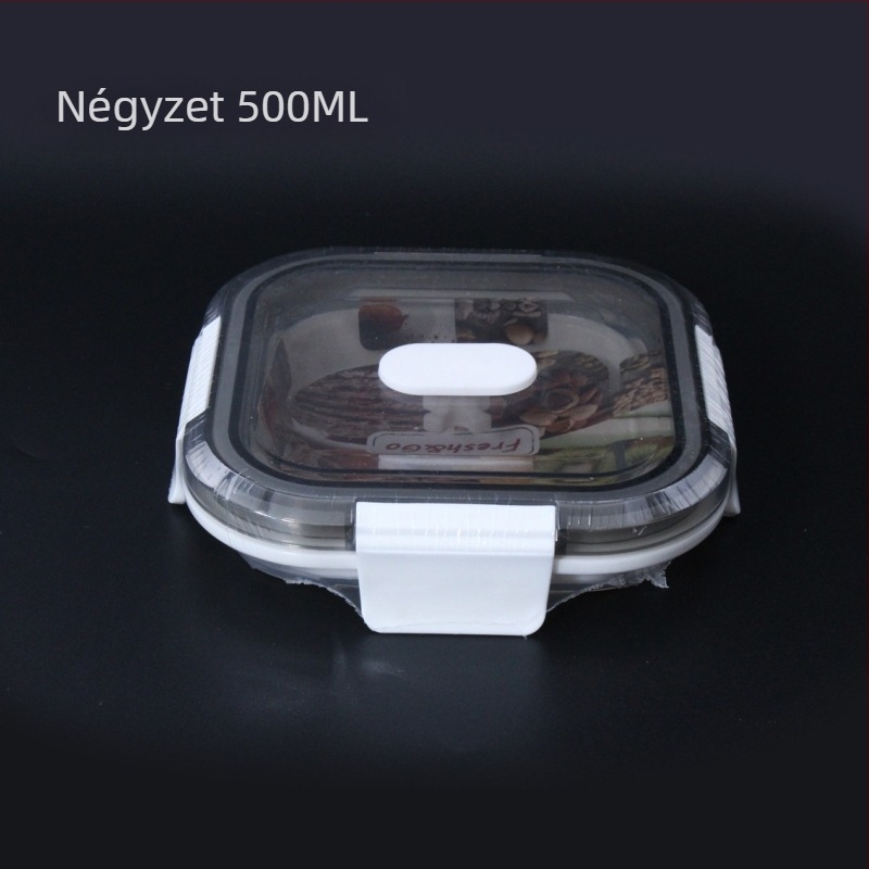 Összecsukható ebédes doboz szilikonból PCTG fedővel, négyzetes alakú, mikróban használható, modern minimalist stílus; kapacitások 301–500 ml, 501–800 ml vagy 800–1000 ml.