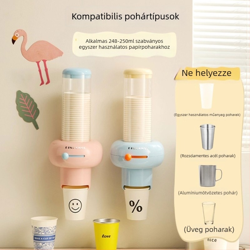Falihoz szerelhető egyszer használatos pohár adagoló és papír pohár tartó