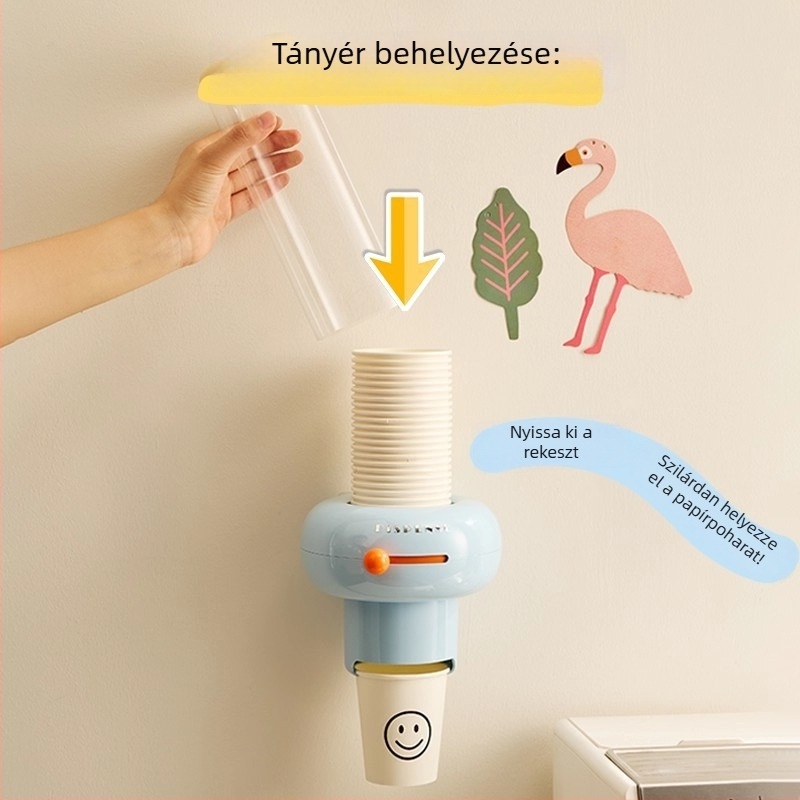 Falihoz szerelhető egyszer használatos pohár adagoló és papír pohár tartó