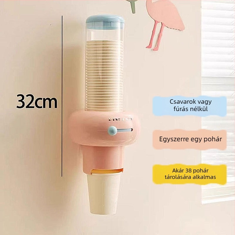 Falihoz szerelhető egyszer használatos pohár adagoló és papír pohár tartó