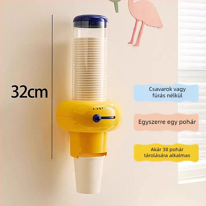 Falihoz szerelhető egyszer használatos pohár adagoló és papír pohár tartó