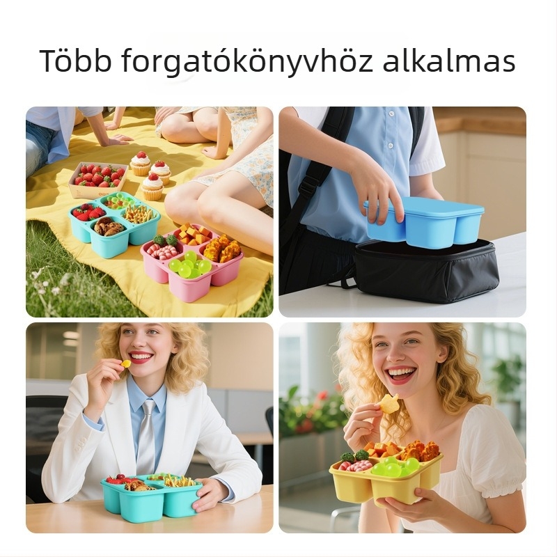 Négyrekeszes uzsonnás doboz szilikonból, élelmiszer-minőségű, salátaosztóval és mártásos tálkával