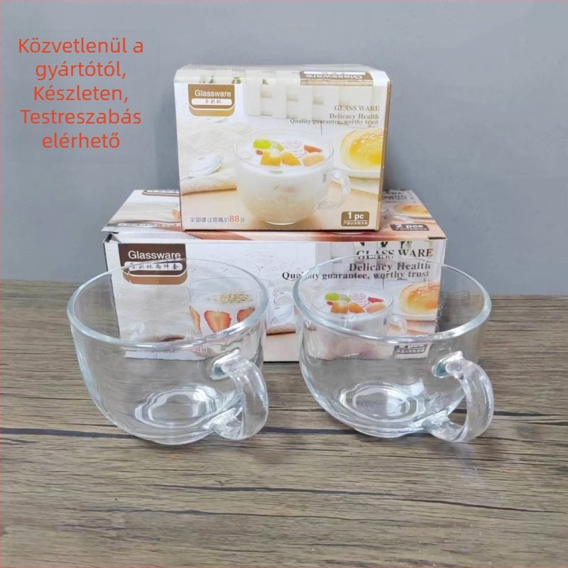Fogantyús üveg pohár tejhez, 450 ml, reggeliző pohár, átlátszó, két darabos ajándékkészlet