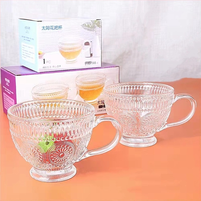 Fogantyús üveg pohár tejhez, 450 ml, reggeliző pohár, átlátszó, két darabos ajándékkészlet