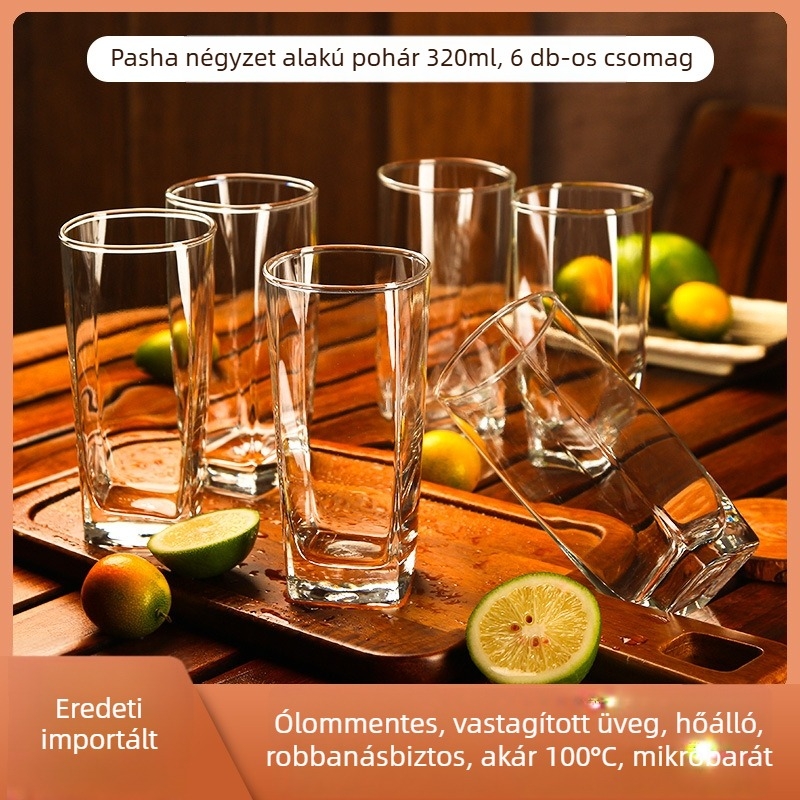 Vizes pohár üvegből, hőálló, európai stílusú, fogantyú nélkül és fedél nélkül, hat darabos készlet