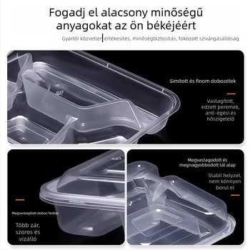 Egyszer használatos, több rekeszes ebédes doboz, vastagított, szivárgásbiztos, élelmiszer-minőségű PP