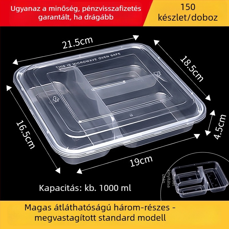 Egyszer használatos, több rekeszes ebédes doboz, vastagított, szivárgásbiztos, élelmiszer-minőségű PP