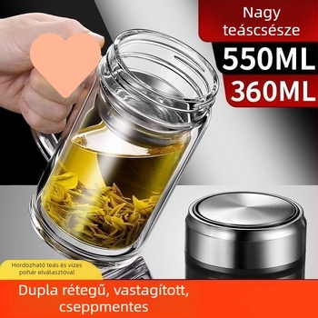 Férfiaknak tervezett, hőálló, dupla falú üvegpohár fogantyúval, nagy kapacitású teás pohár, hordozható teázáshoz és tea-víz elválasztásával