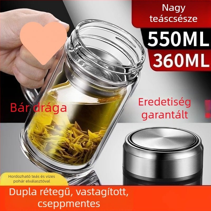 Férfiaknak tervezett, hőálló, dupla falú üvegpohár fogantyúval, nagy kapacitású teás pohár, hordozható teázáshoz és tea-víz elválasztásával