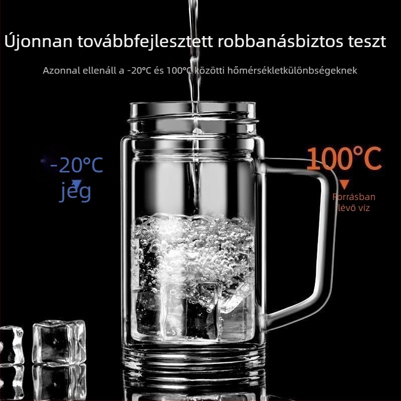 Férfiaknak tervezett, hőálló, dupla falú üvegpohár fogantyúval, nagy kapacitású teás pohár, hordozható teázáshoz és tea-víz elválasztásával