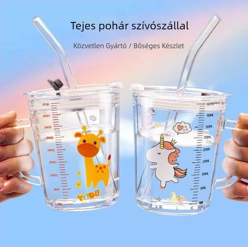 Gyermekeknek tervezett tejpohár mérőskálával, szilikon szívócsővel, mesefilm mintával és fedéllel
