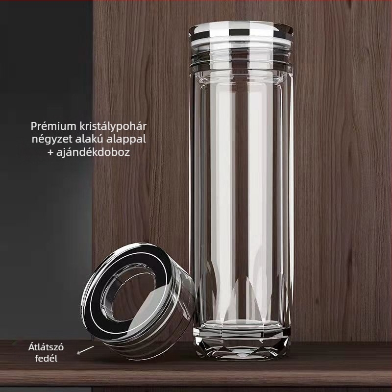 Kétfalú üveg tea pohár fedéllel és szűrővel – logónyomás, ajándékdoboz, testreszabható
