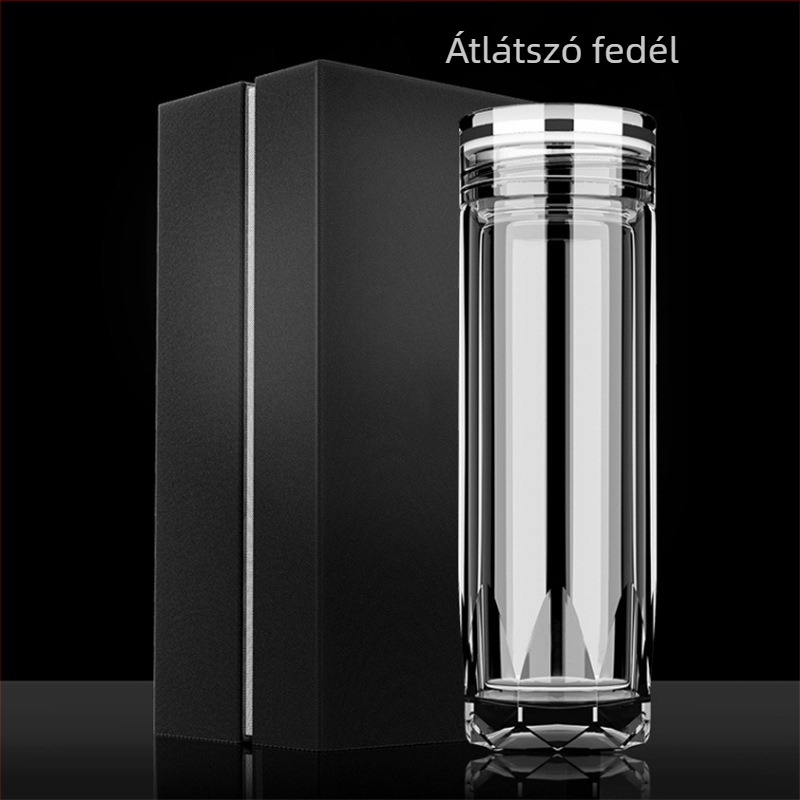 Kétfalú üveg tea pohár fedéllel és szűrővel – logónyomás, ajándékdoboz, testreszabható