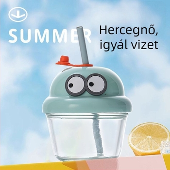 Gyerekeknek készült sippipohár rajzfilm mintával és szívócsővel (Anyag: szóda-lime üveg; Forma: kör alakú; Hőálló; Szivárgásmentes; Fedél)