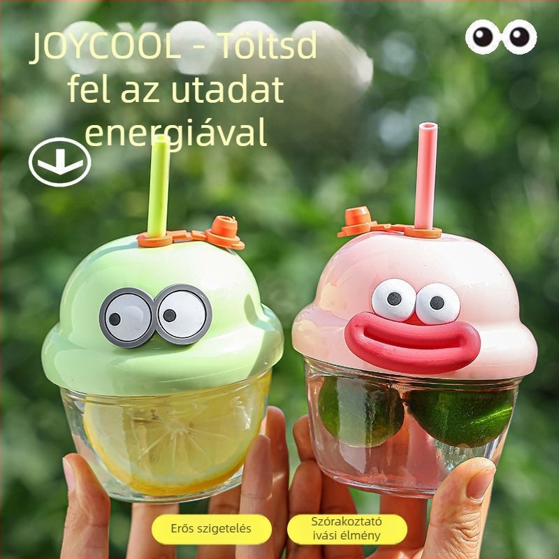 Gyerekeknek készült sippipohár rajzfilm mintával és szívócsővel (Anyag: szóda-lime üveg; Forma: kör alakú; Hőálló; Szivárgásmentes; Fedél)