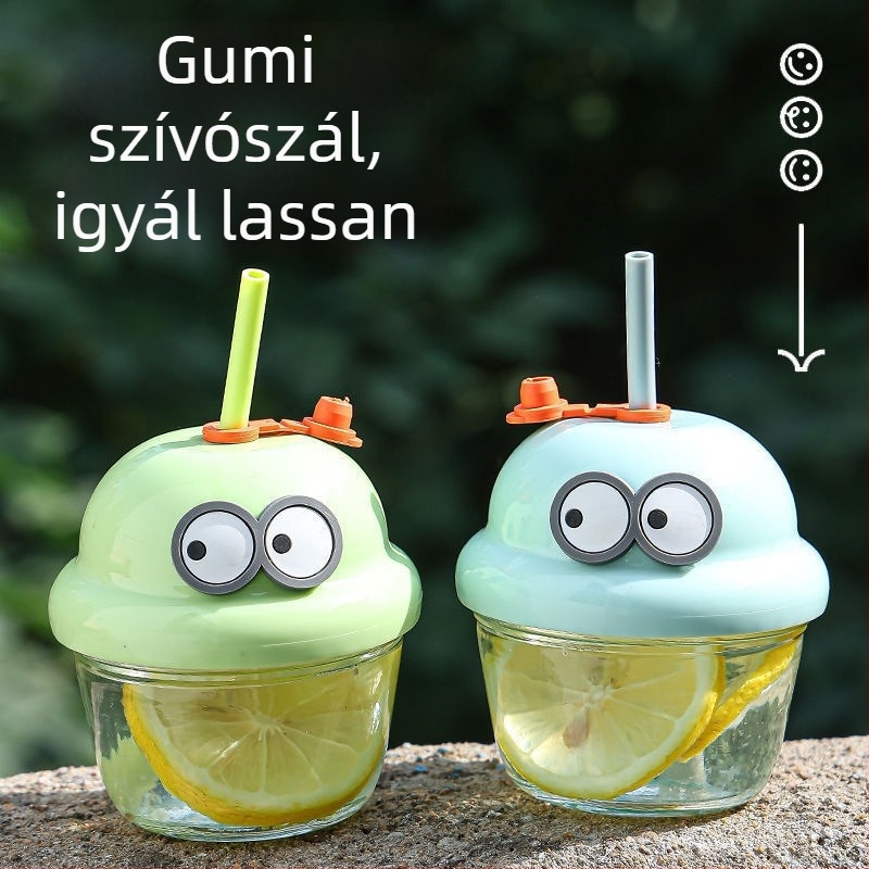 Gyerekeknek készült sippipohár rajzfilm mintával és szívócsővel (Anyag: szóda-lime üveg; Forma: kör alakú; Hőálló; Szivárgásmentes; Fedél)