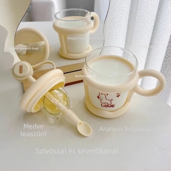 Hőálló üvegkávés bögre fedővel, szívószállal és kanállal – irodai és reggeli használatra