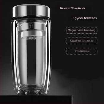 Libatojás alakú teás pohár, tea–víz szétválasztás, dupla falú kivitel, szűrővel, logó testreszabható