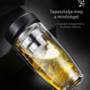 Libatojás alakú teás pohár, tea–víz szétválasztás, dupla falú kivitel, szűrővel, logó testreszabható