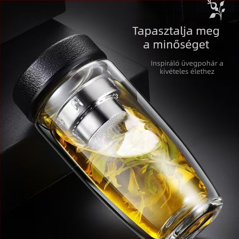 Libatojás alakú teás pohár, tea–víz szétválasztás, dupla falú kivitel, szűrővel, logó testreszabható