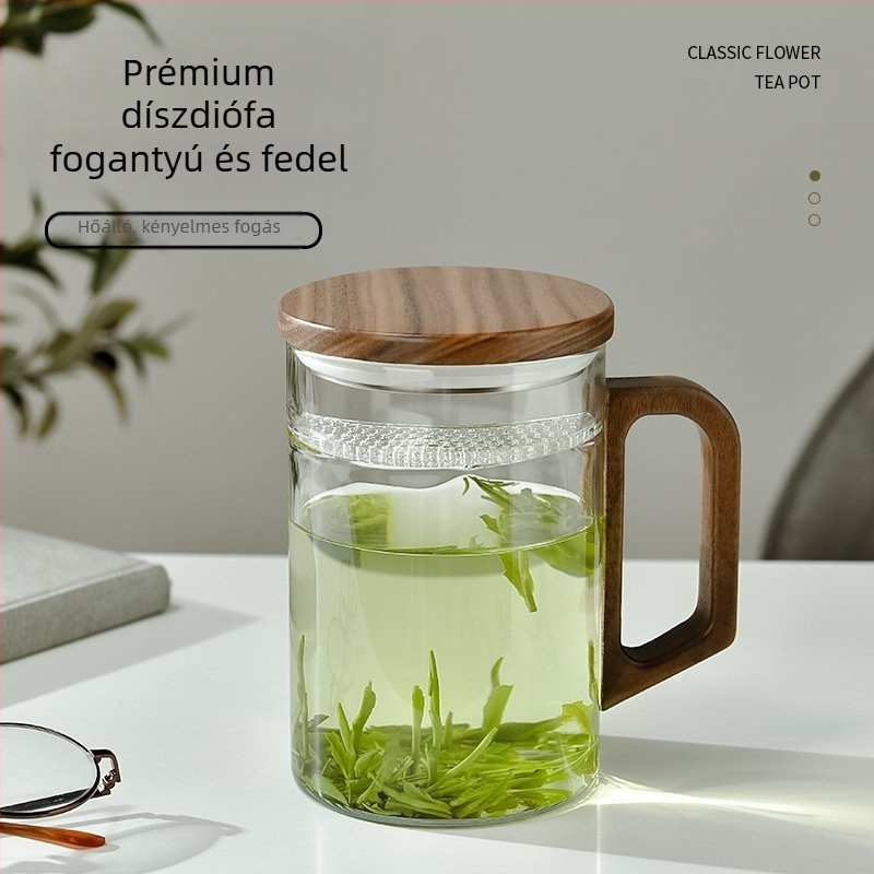 Nagy kapacitású üveg teás pohár szűrővel, fogantyúval, hengeres alak, új kínai stílus, két darabos készlet, irodai használatra