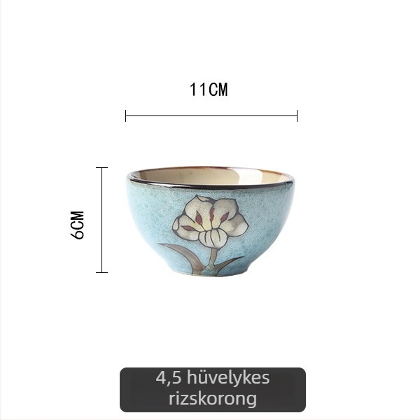 Kézzel festett liliom motívumos kerámia étkészlet, aláglazúros porcelán, tartalmaz rizses tálat, halas tányért és fedeles levesestálat