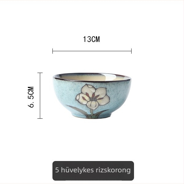 Kézzel festett liliom motívumos kerámia étkészlet, aláglazúros porcelán, tartalmaz rizses tálat, halas tányért és fedeles levesestálat