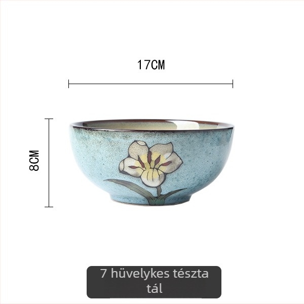 Kézzel festett liliom motívumos kerámia étkészlet, aláglazúros porcelán, tartalmaz rizses tálat, halas tányért és fedeles levesestálat