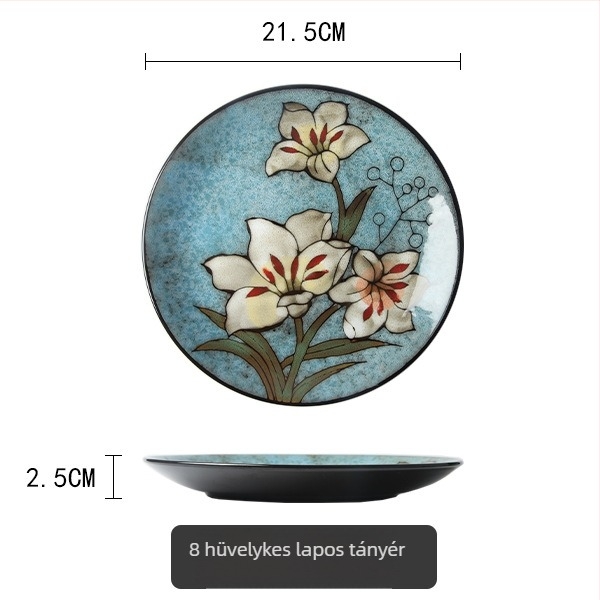 Kézzel festett liliom motívumos kerámia étkészlet, aláglazúros porcelán, tartalmaz rizses tálat, halas tányért és fedeles levesestálat