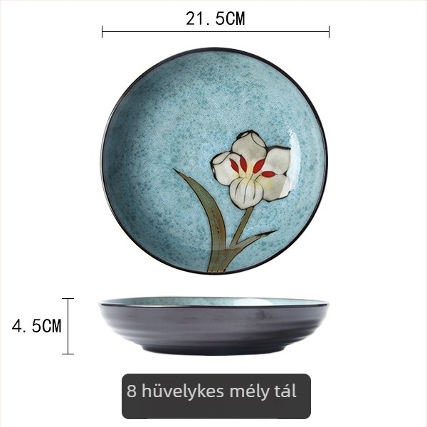 Kézzel festett liliom motívumos kerámia étkészlet, aláglazúros porcelán, tartalmaz rizses tálat, halas tányért és fedeles levesestálat