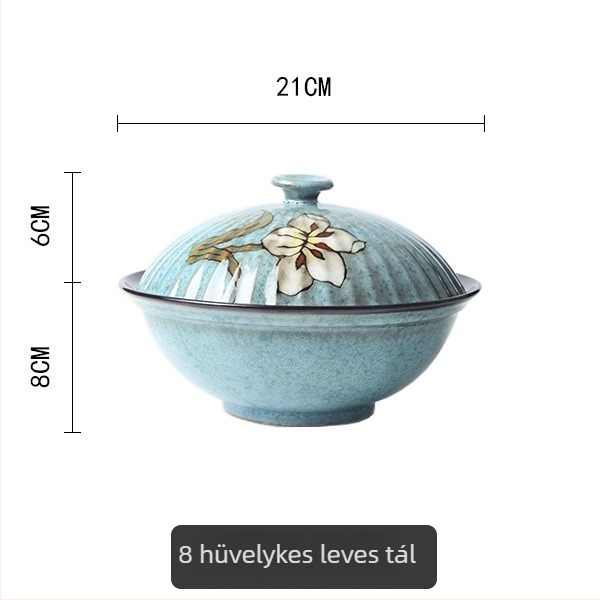 Kézzel festett liliom motívumos kerámia étkészlet, aláglazúros porcelán, tartalmaz rizses tálat, halas tányért és fedeles levesestálat