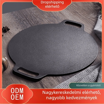 Vastagított öntöttvas palacsintasütő, fedél nélküli, 3 cm mély, egy aljzattal, gáztűzhelyhez megfelelő.