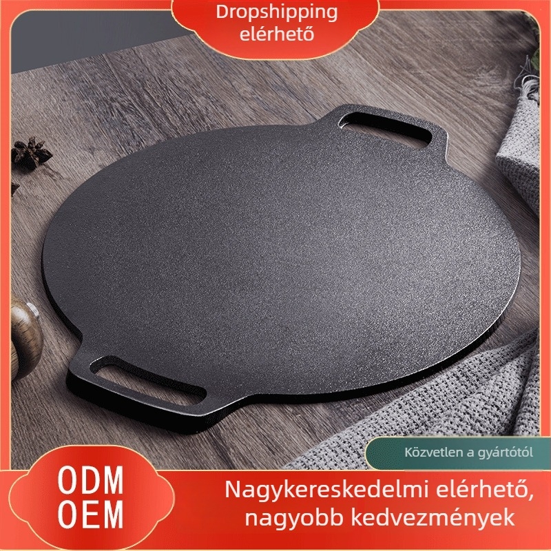 Vastagított öntöttvas palacsintasütő, fedél nélküli, 3 cm mély, egy aljzattal, gáztűzhelyhez megfelelő.