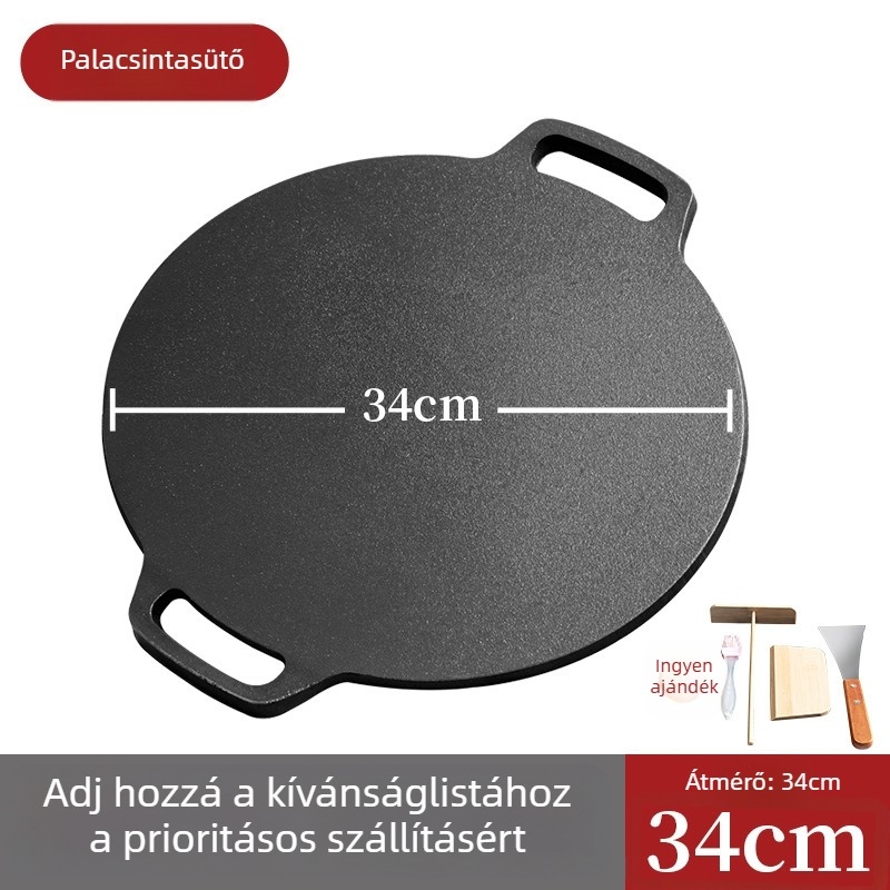 Vastagított öntöttvas palacsintasütő, fedél nélküli, 3 cm mély, egy aljzattal, gáztűzhelyhez megfelelő.