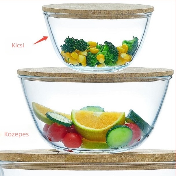 ECOWAY Nagy kerek üveg salátás tál bambusz fedővel és bambusz evőeszközökkel, mikrózható, magas boroszilikát üveg