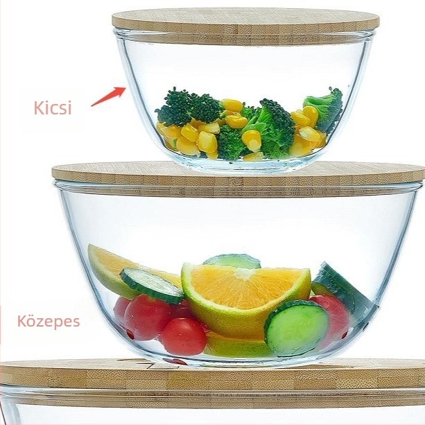 ECOWAY Nagy kerek üveg salátás tál bambusz fedővel és bambusz evőeszközökkel, mikrózható, magas boroszilikát üveg