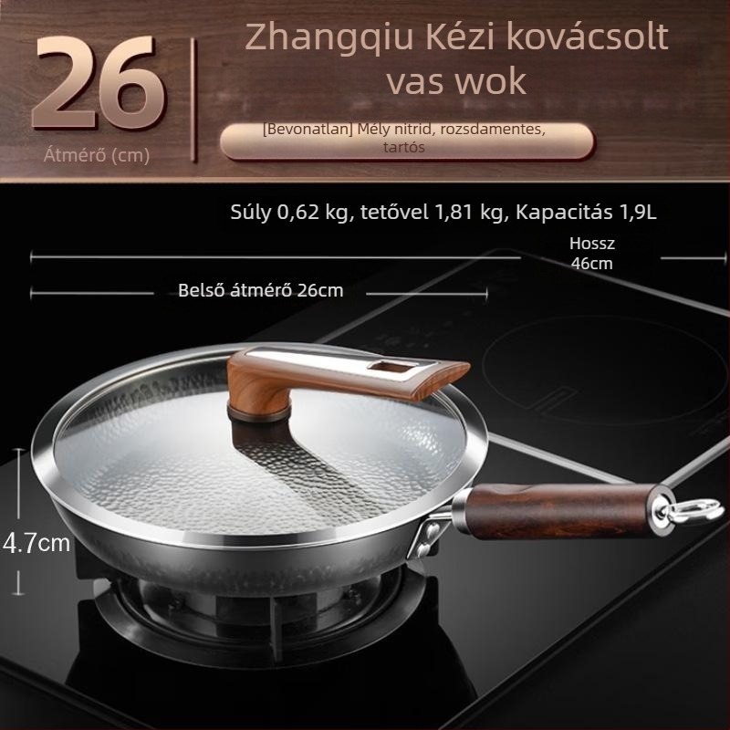 Rafinált vasból készült serpenyő, bevonat nélküli, indukciós tűzhelyhez alkalmas, többszörös rétegű aljzattal