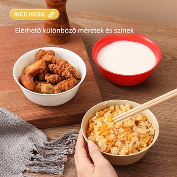 Rizshéjból készült egyszer használatos tál és evőpálcika készlet, élelmiszer-minőségű, 250 ml, logó nyomtatása elérhető