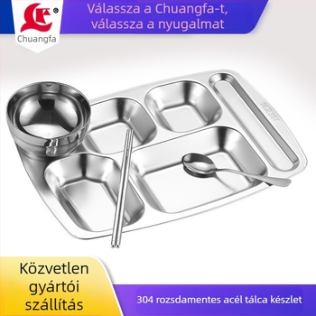304 rozsdamentes acélból készült osztott tányérkészlet, élelmiszerbiztonságos, téglalap alakú, tartalmaz tálakat, evőpálcákat és kanálokat